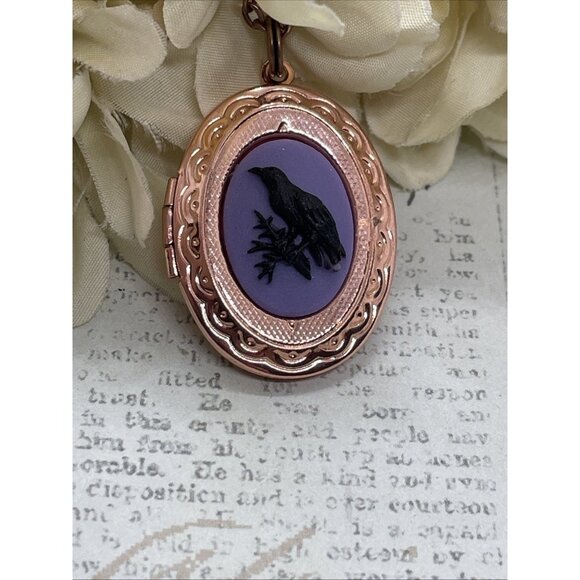 Rose Gold Brass Raven Purple Black Crow Locket Necklace Pendant Gothic Wedding - Picture 2 of 14